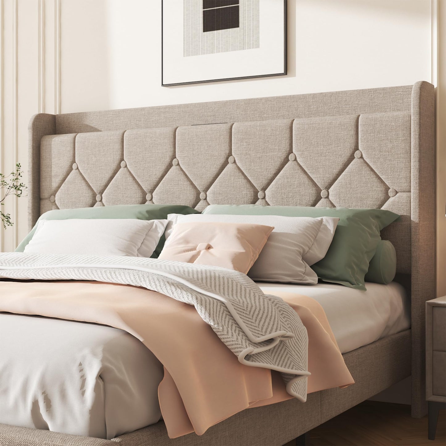 Lcwtvgxr Full Size Bed Frame with Diamond Tufted Linen Headboard & Storage Shelf, Commercial-Grade Platform Bed with Wood Slats & Sturdy Metal Frames, No Box Spring Needed, Easy Assembly, Beige