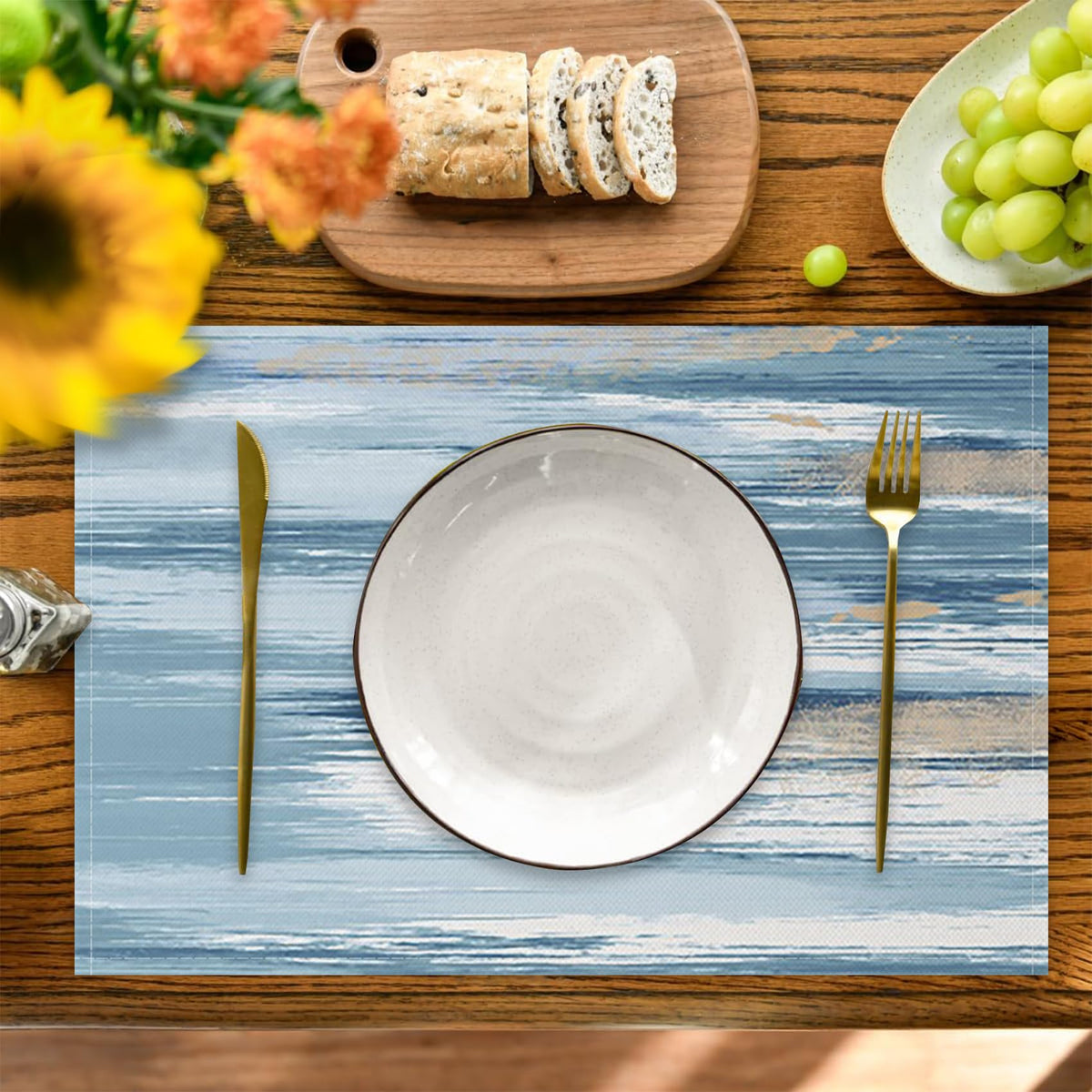 AOFOTO Abstract Placemats Set of 4 for Dining Table Blue Boho Ombre Grunge Rustic Wooden Place Mats Washable Rectangular Art Painted Table Mats for Home Kitchen Restaurant Decor 12x18 Inch