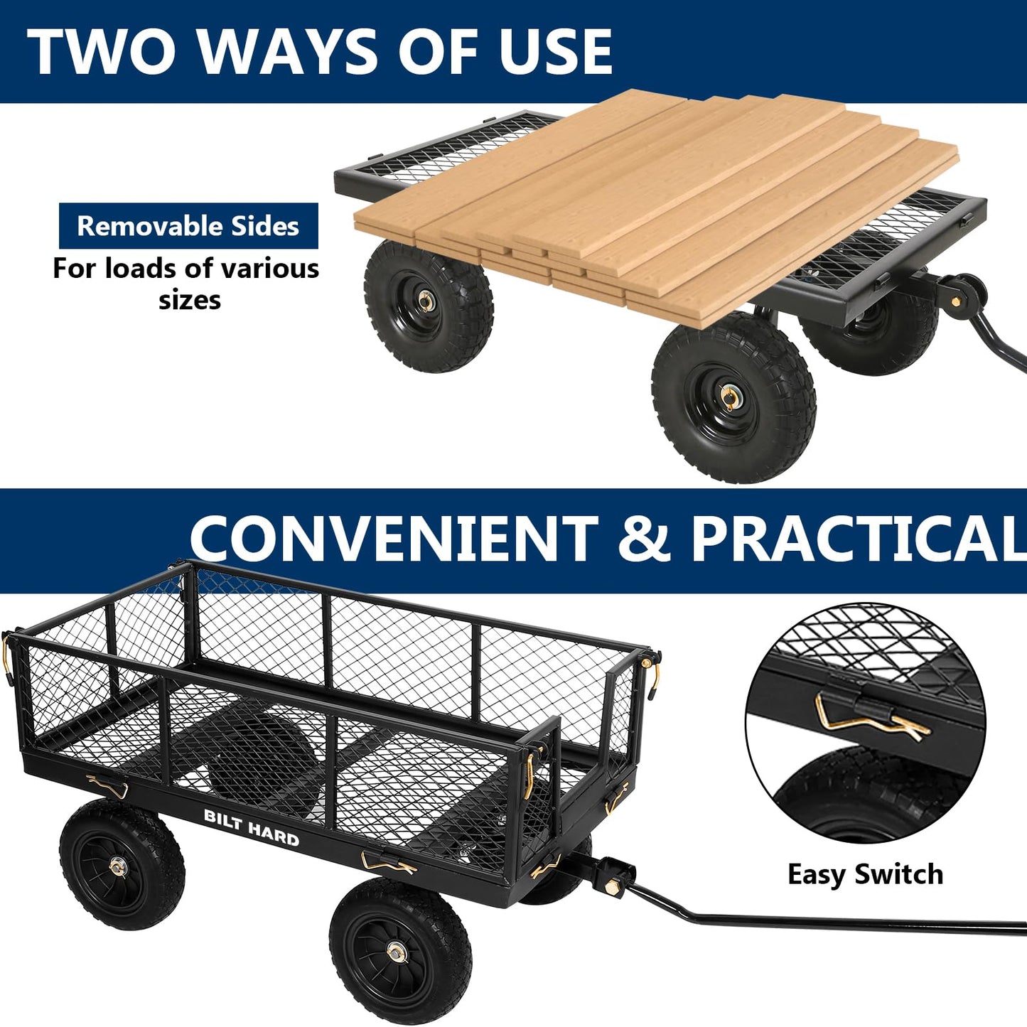 BILT HARD 880 lbs 10" Tires Steel Garden Cart with 180° Rotating Handle and Removable Sides, Heavy Duty 4 Cu.Ft Capacity Utility Garden Carts and Wagons, Black