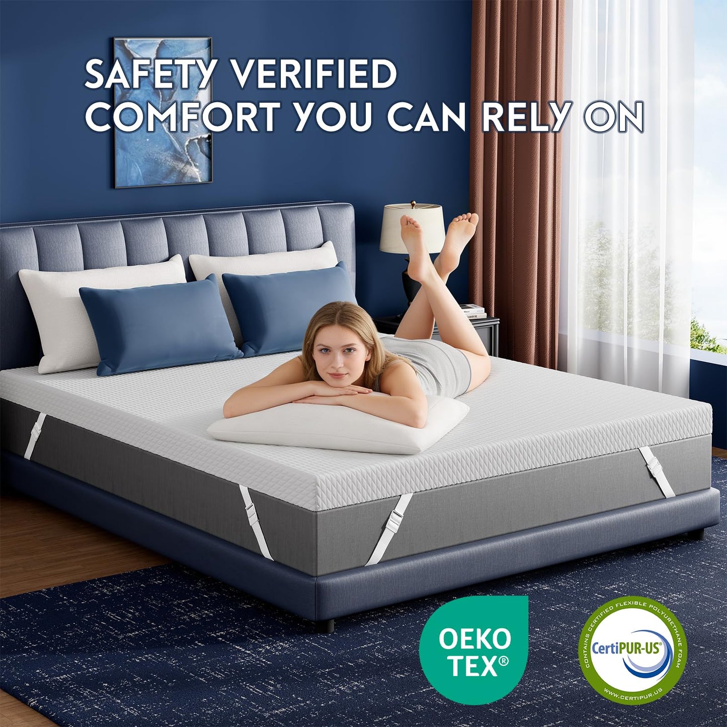 3 Inch Cooling Gel Memory Foam Mattress Topper King - Cooling Ice Silk Removable & Washable Cover, Mattress Topper for Back Pain Relief, Adjustable Strap & Non-Slip, CertiPUR-US Certified