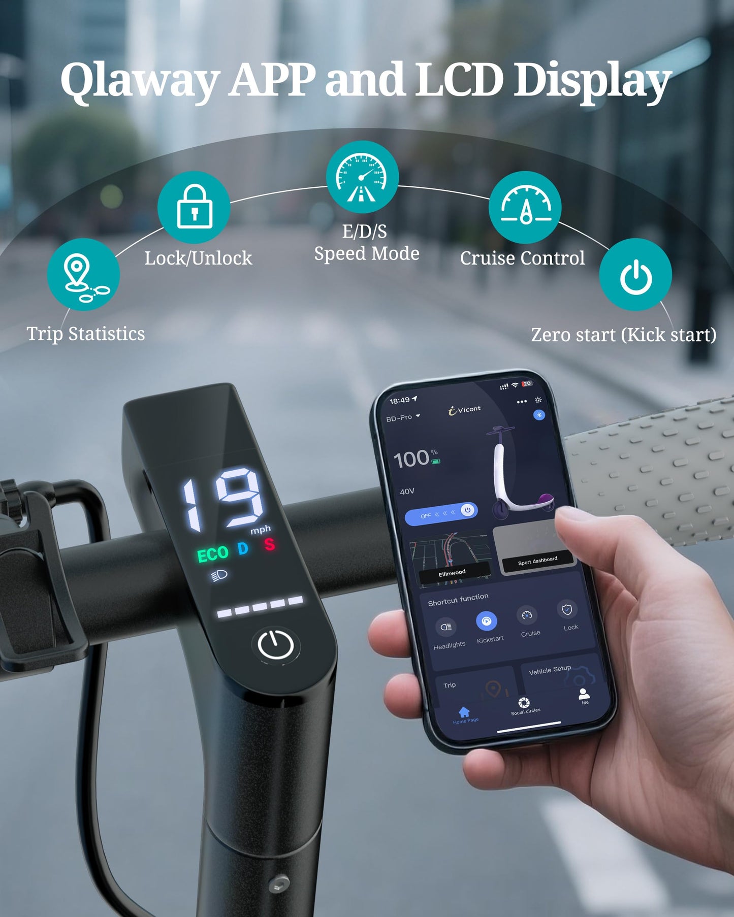 Qlaway Adult Electric Scooter with 350W Motor, 8.5" Solid Tires, Max Speed 19 MPH and 22 Miles Long-Range Portable Portable E-Scooter(Double Braking System & App)