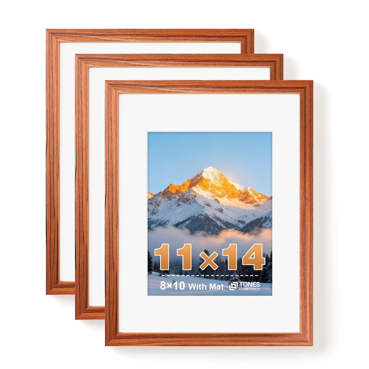 TONES FRAME DESIGN 11x14 Solid Wood Frames Set of 3,Red Wood Picture Frame can Display Photo 8x10 With Mat or 11x14 Without Mat,Poster Frame for Wall Home Decor,3 Pack