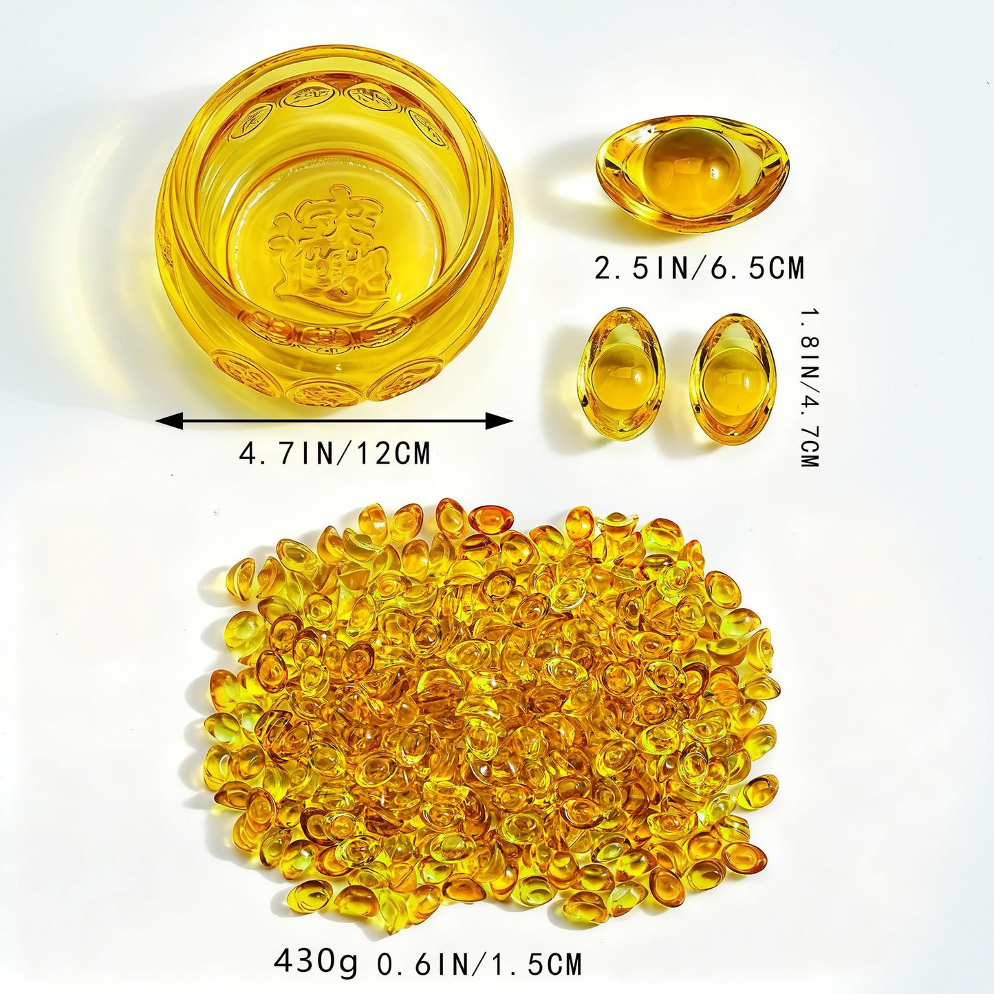 YU FENG 4.7'' Crystal Glass Wealth Bowl with Gold Ingots, Large Wealth Symbol Decor, Prosperity Ornament, Lucky Gift for Home Office Desk Decoration