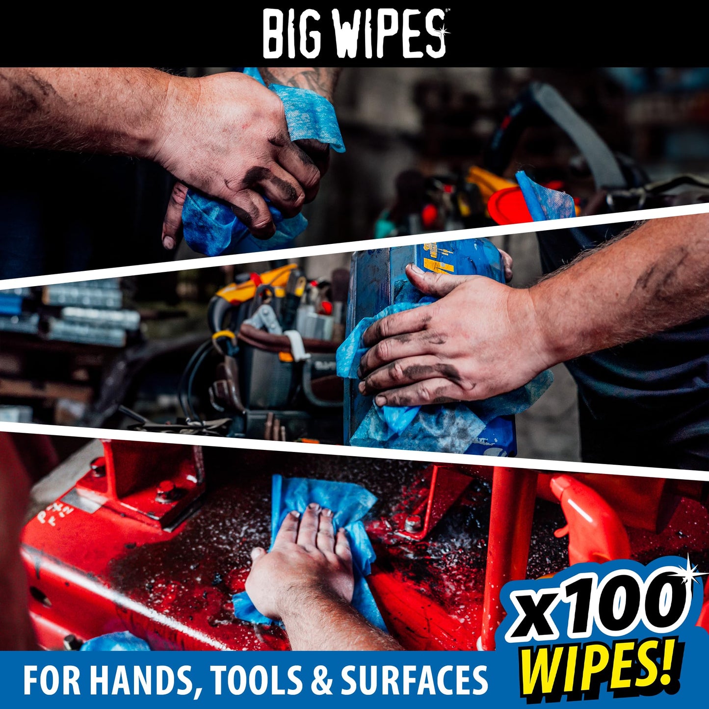 Big Wipes Heavy Duty Pro+ Hand Wipes x100 - Dispenser Tub | Removes Paint, Oil, PU Foam & Adhesives. Aloe Vera & Vitamin E Enriched, Dual-Sided Trade Wipes, Skin Safe, Tear Resistant