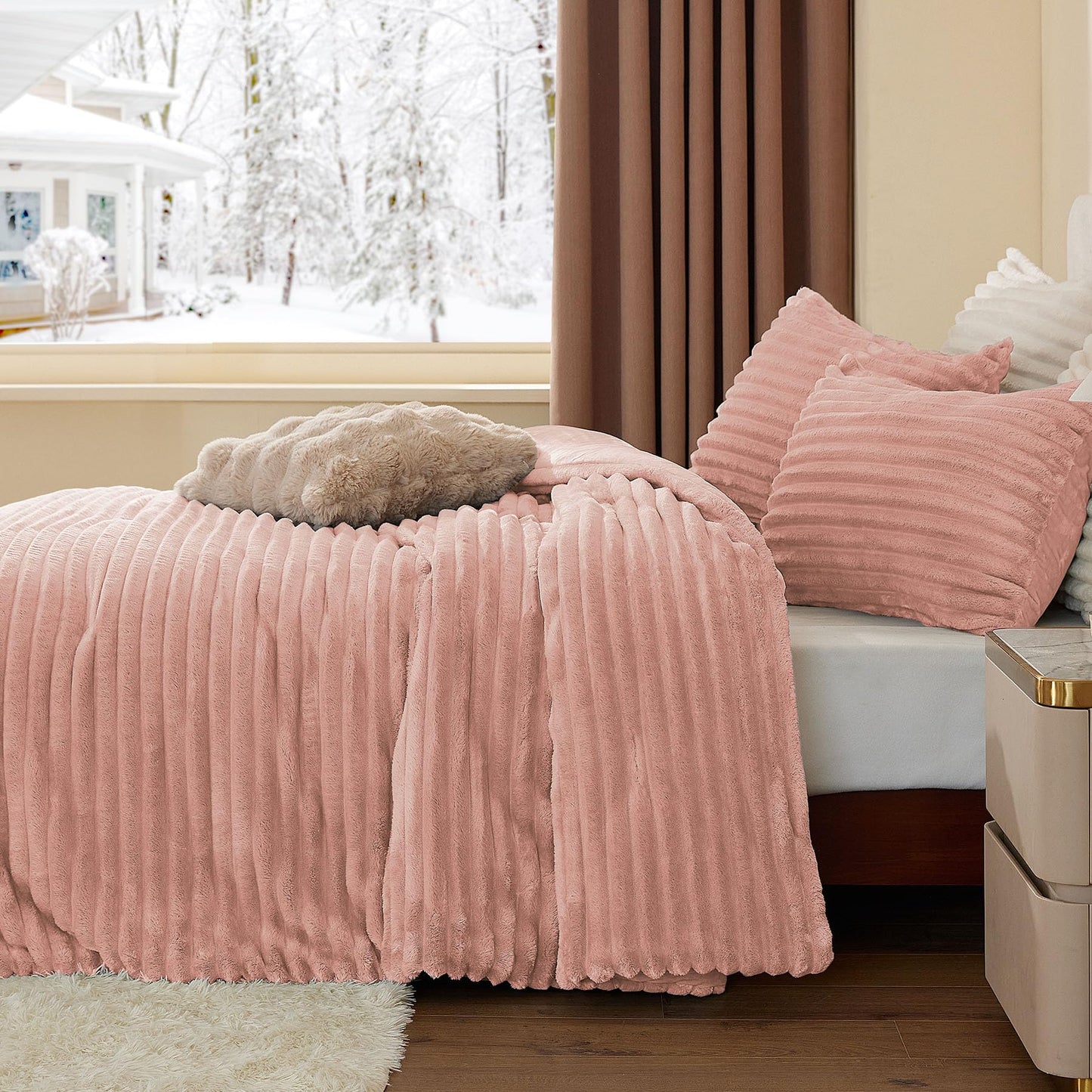 BEDELITE Fleece Queen Comforter Set -Super Soft & Warm Fluffy Dusty Pink Bedding, Luxury Fuzzy Heavy Bed Set for All Season with 2 Pillow Cases