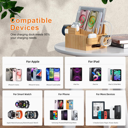 Pezin & Hulin Multiple USB Charging Station, Wooden Bamboo Dock Station for Cell Phones, Tablets, Earpods and Smart Watch, Including Power Charger HUB, 5 Cables -Natural Bamboo