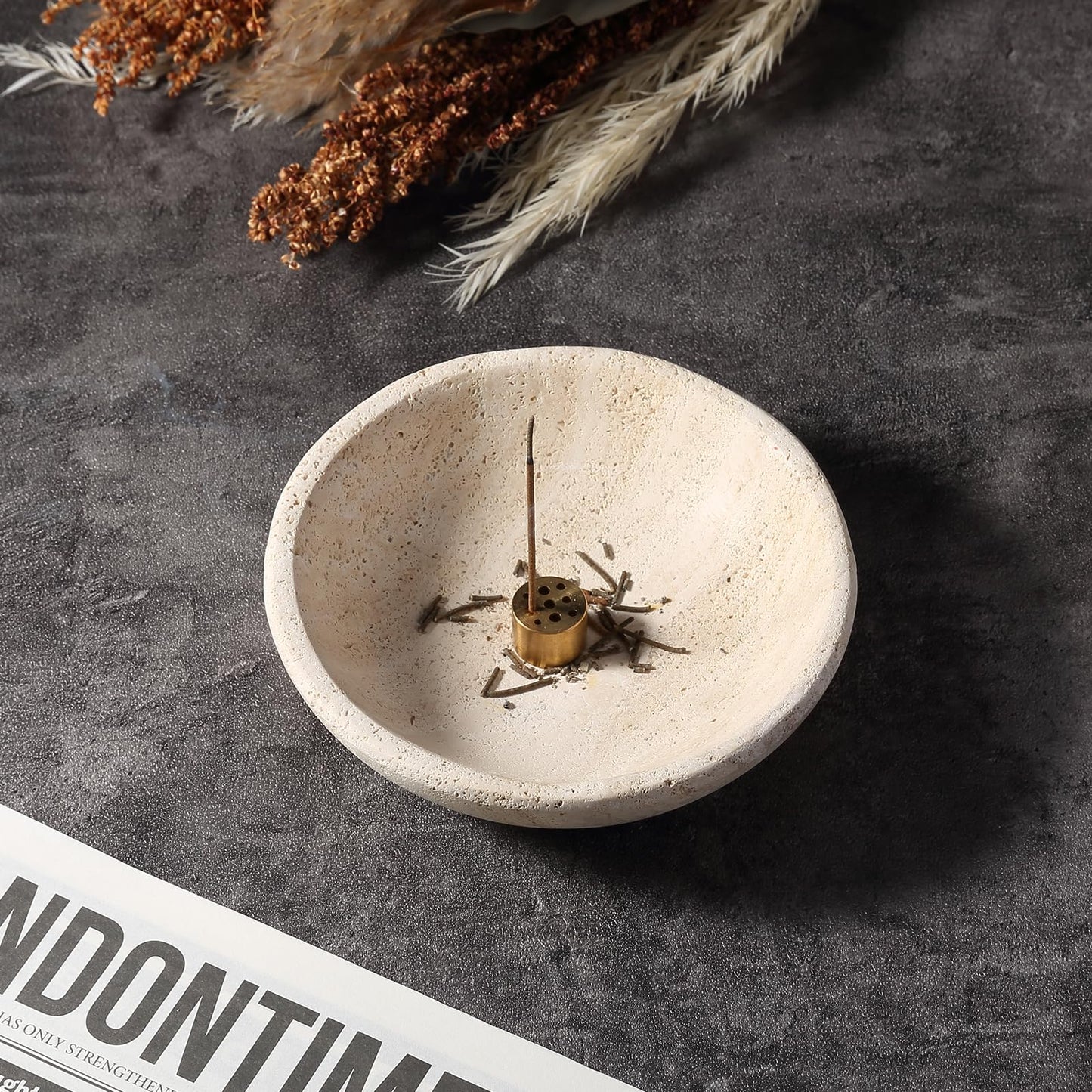 Koville Natural Travertine Incense Holder, Incense Holder for Sticks with 9 Holes, Handmade Incense Burner Ash Catcher for Meditation Yoga SPA, Balsam Fir/Palo Santo/Sage/Cone Incense Holder(Beige)