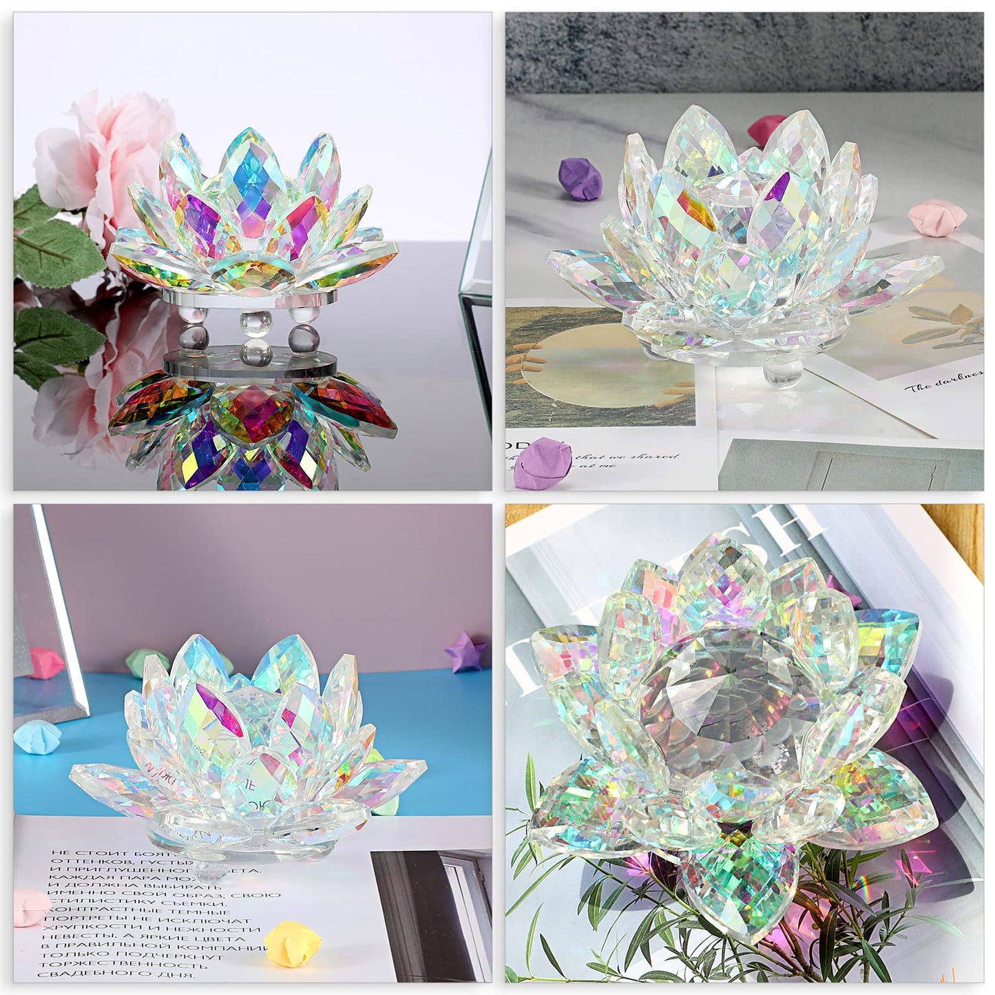 OwnMy 4 Inch Sparkle Crystal Lotus Flower Figurines Decorative Lotus Flower Ornament, Glass Lotus Feng Shui Decor Crystal Flower Paperweight for Home Office Tabletop Centerpieces