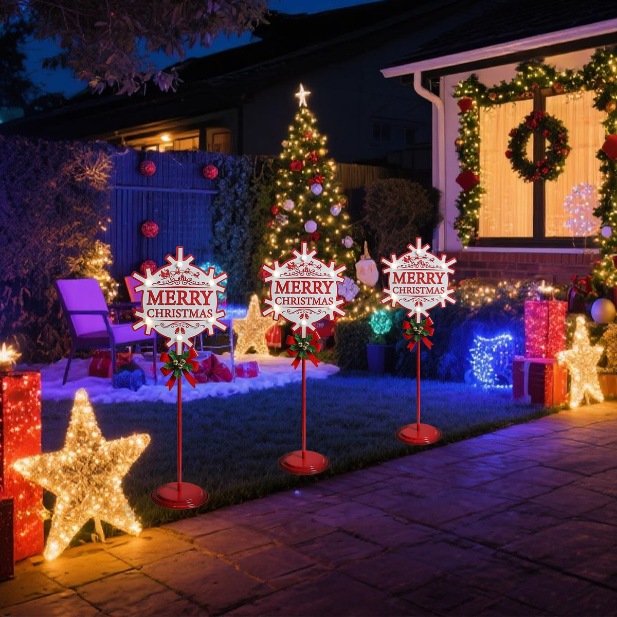 Merry Christmas Sign with LED Light Battery Operated with Timer Christmas Signs with Base Xmas Holiday Decorations Patio Lawn Yard Outdoor Display Decor