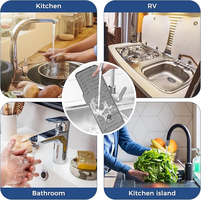 24" Splash Guard Plus Size Silicone Sink Faucet Drying Mat Handle Drip Catcher