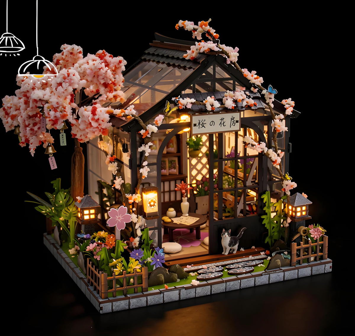 Ahilmrn DIY Miniature Dollhouse Kit Tiny 3D Wooden Puzzle Japanese Sakura Flower House with Furniture LED Light Creative Craft Gift for Adults Home Decor