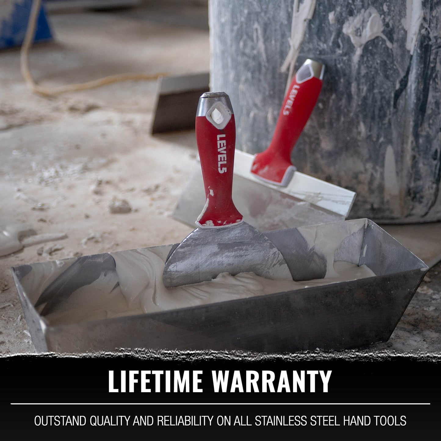 LEVEL5 Drywall Finishing Hand Tool Kit | 5, 6 Inch Joint Knives, 10, 12 Inch Taping Knives, 14 Inch Mud Pan | Stainless Steel Blades, Soft Grip Handles | Sheetrock Gyprock Plasterboard | 5-600