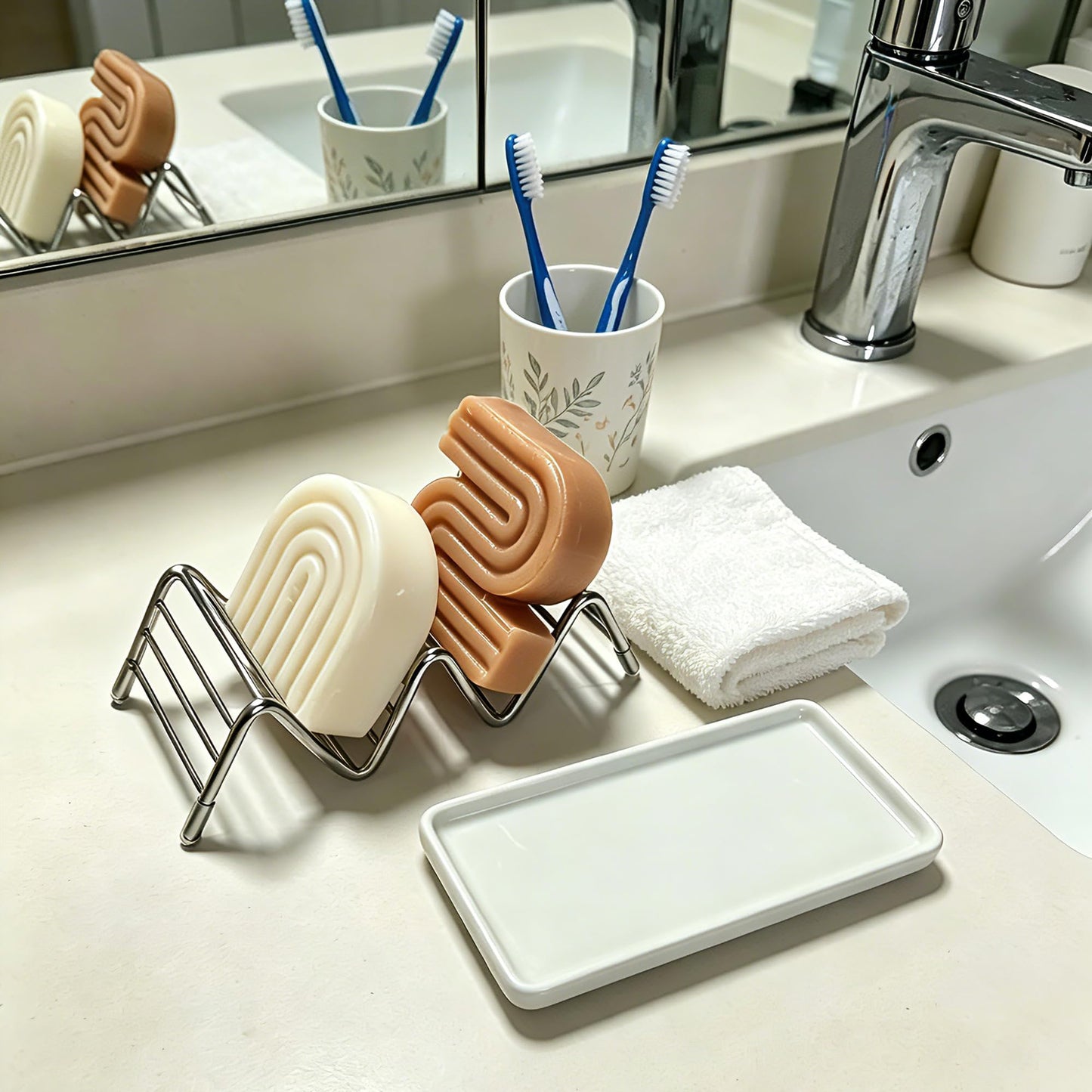Lofekea Soap Dish, Stainless Steel Self Draining Shower Bar Soap Holder with Ceramic Dish Tray, W Style Soap Saver for Bathroom, Sink, Kitchen and Countertop(White)