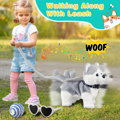 Marsjoy Husky Walking and Barking Puppy Dog Toy with Control Leash,Realistic Wagging Tail Robot Interactive Musical Dancing Animated Plush Stuffed Animal Electronic Pet for Kids Toddlers