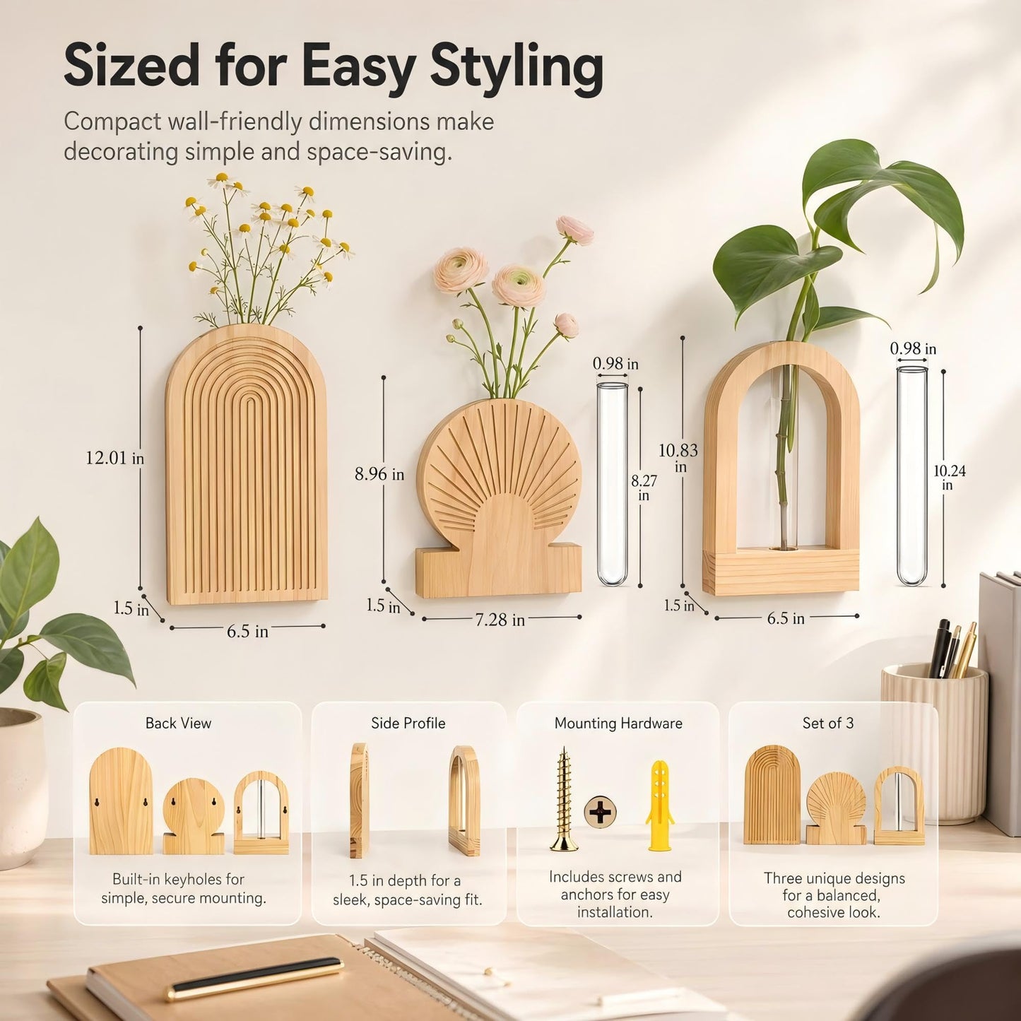 TBWIND Wooden Wall Vases for Flowers Set of 3, Propagation Planter with 2 Glass Tubes, Modern Farmhouse Hanging Wood Decor for Living Room, Entryway (Natural)