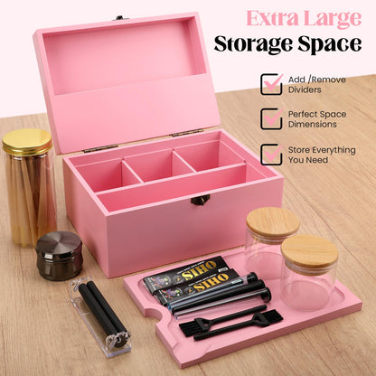 Coozyupper Large Bamboo Storage Box with Removable Tray Kit - Decorative Box Set, Glass Jars, and Accessories Wooden Storage Kit and Accessories Tool.Birthday Gifts