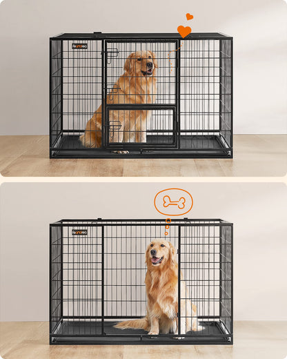 Feandrea Heavy-Duty Dog Crate, Dog Cage, 122 x 74.5 x 80.5 cm, for Medium and Large Dogs, Double Removable Door, Easy Cleaning, Pet Cage, XXL, Black PPD003B01