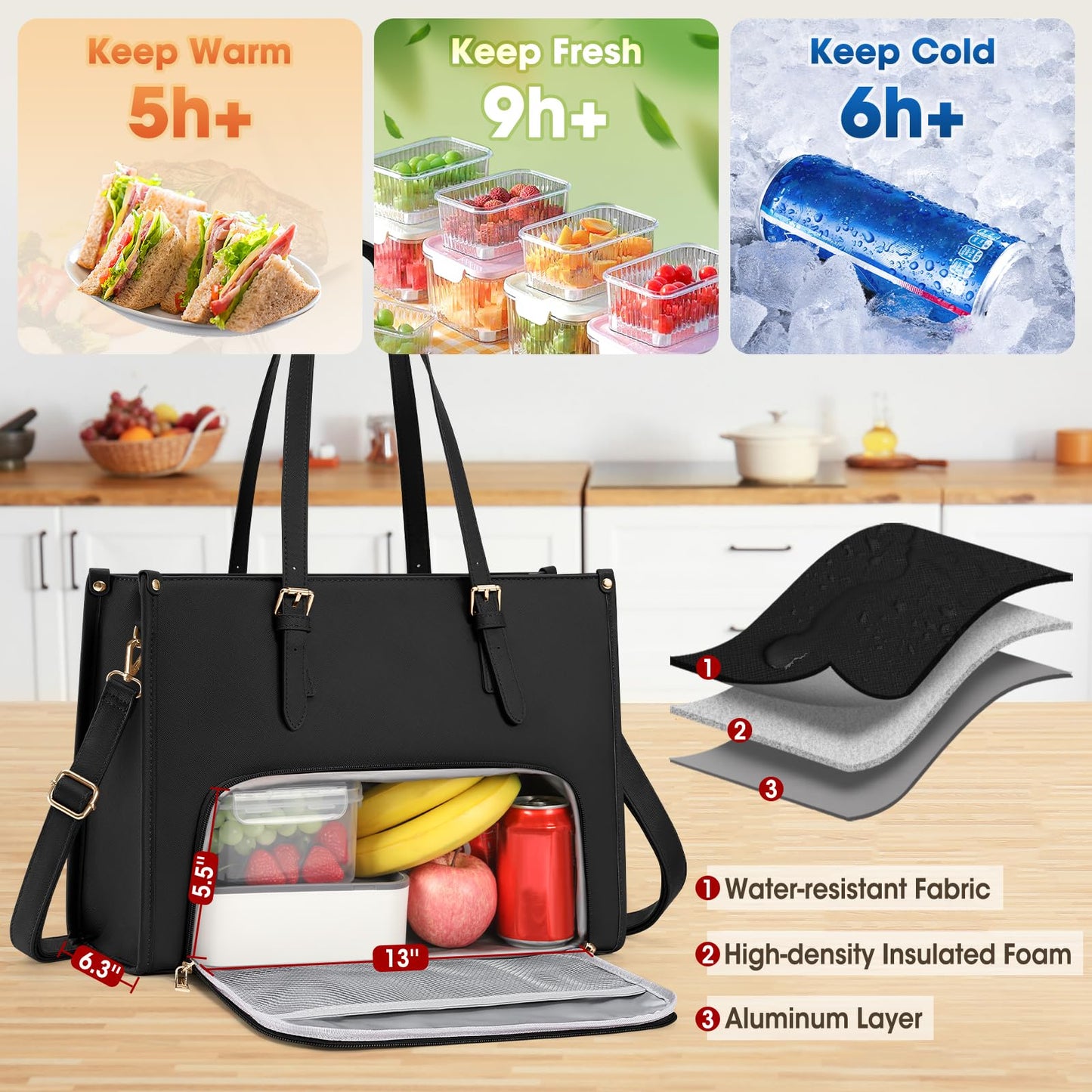 RAINSMORE Lunch Tote Bag for Women 15.6 Inch Laptop Bags with Insulated Lunch Compartment Large Leather Quilted Computer Tote for Teacher Nurse Work Collage Casual Black