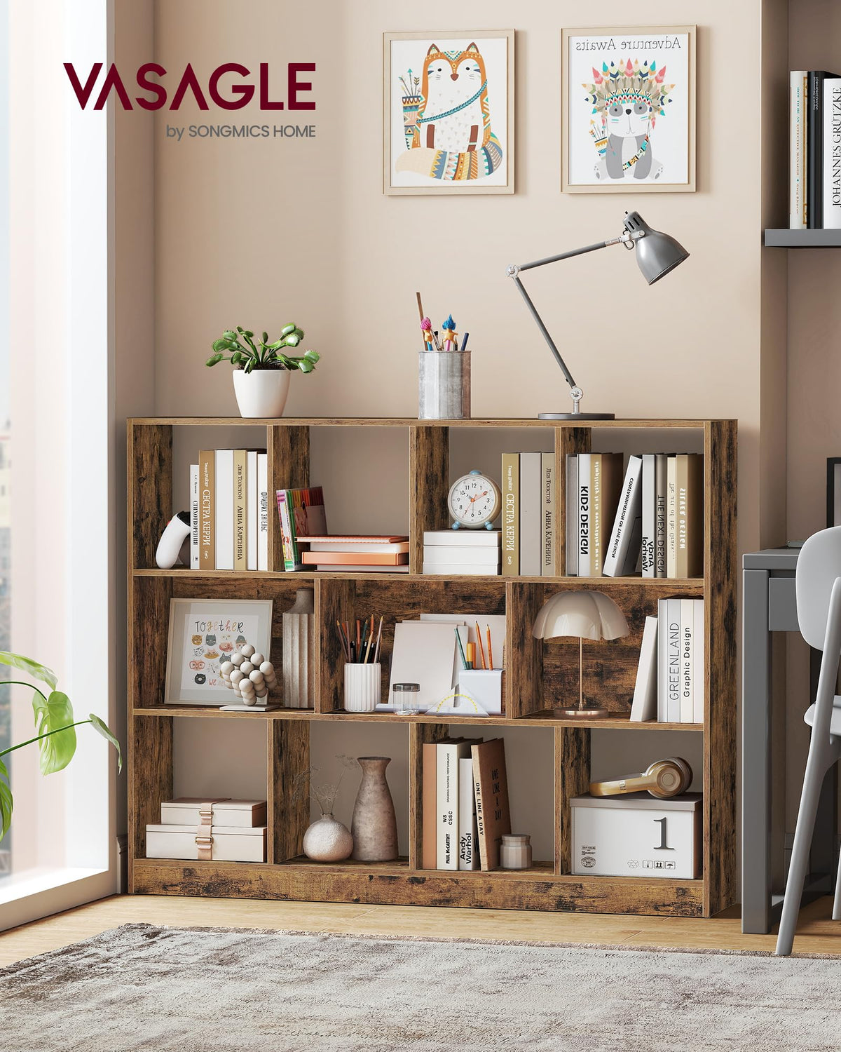 VASAGLE Custos Collection - Bookshelf, 3-Tier Bookcase, Book Shelf, Open Storage Shelf, 9.4 x 49.6 x 39.4 Inches, for Living Room, Home Office, Dining Room, Rustic Brown ULBC454K01