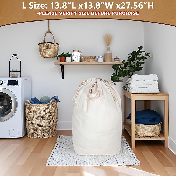 Canvas Laundry Bags with Handles & Square Base 13.8"Lx13.8"Wx27.6"H, Large