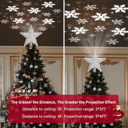 Winpull Christmas Tree Topper Lighted with 6 Pattern Projection Modes, Christmas Star Tree Topper Built-in LED Rotating Lights, Silver 3D Glitter Dynamic Projector for Christmas Decorations
