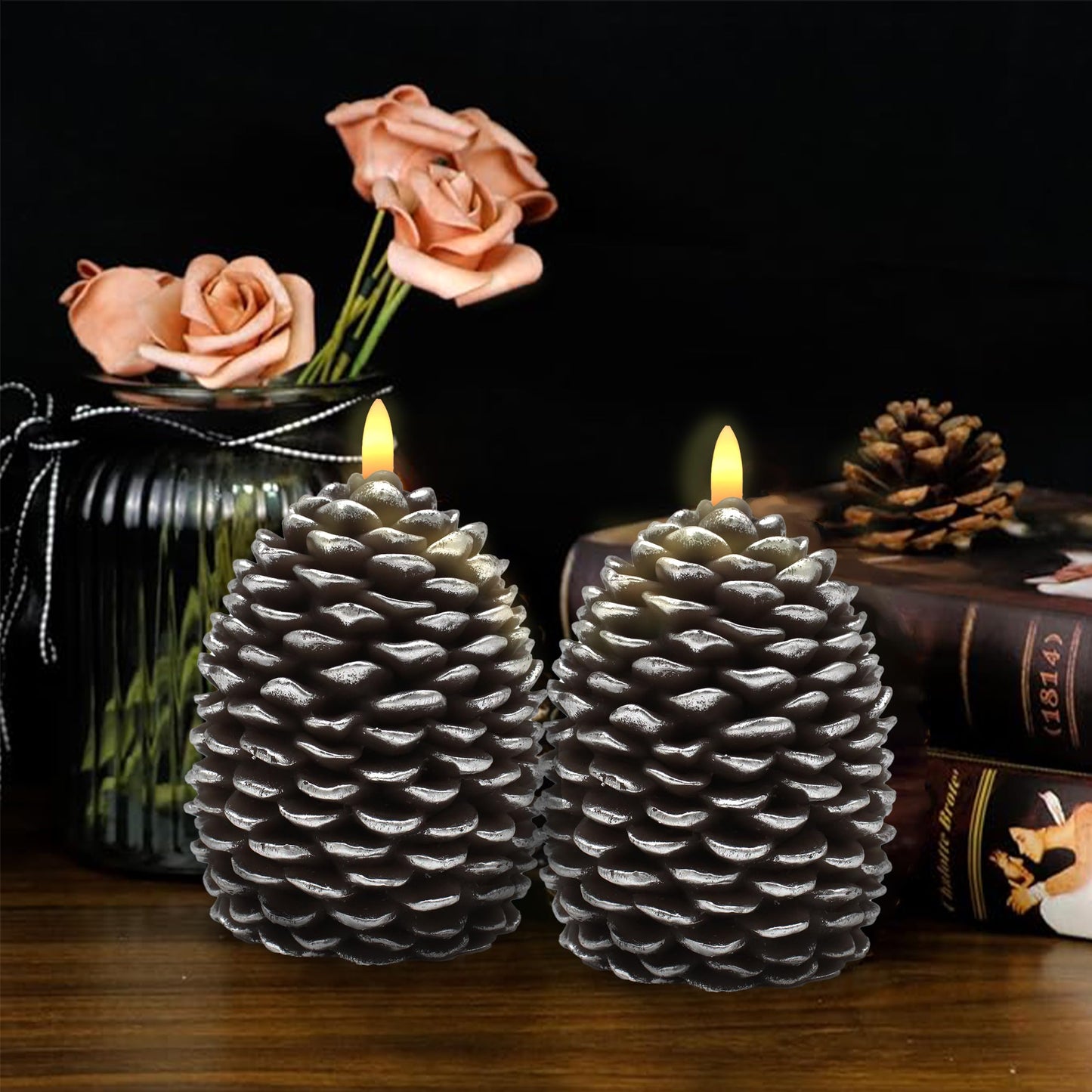 CVHOMEDECO. Pine Cone Candles Battery Operated Pinecones with Remote and Timer, Pine Cones Candle LED Flameless Flickering Candles for Fall, Christmas Decor. Silver-Brown, H 5.5 Inch, Pack of 2