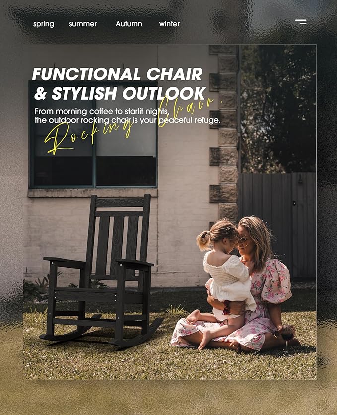 KINGYES Oversized Outdoor Rocking Chair, All-Weather Patio Rocking Chairs for Porch, HDPE Outdoor Patio Rockers with High Back & Wide Seat for Garden, Lawn, Black