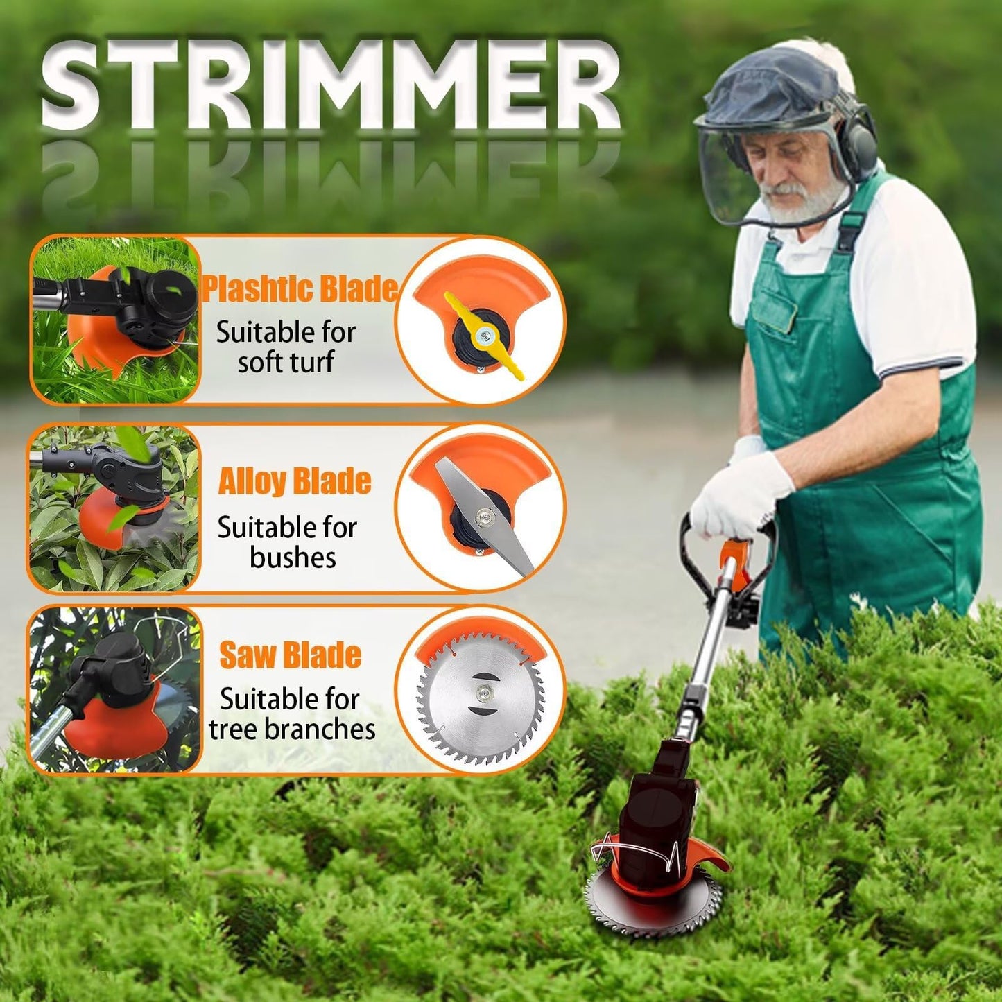 Gompuy Strimmer, Cordless Garden Strimmer with Blades, Grass Trimmer 90° Head Adjustment, Electric Strimmer with 2 X 21V Battery and UK Charger, Brush Cutter is Suitable for Small and Medium Gardens