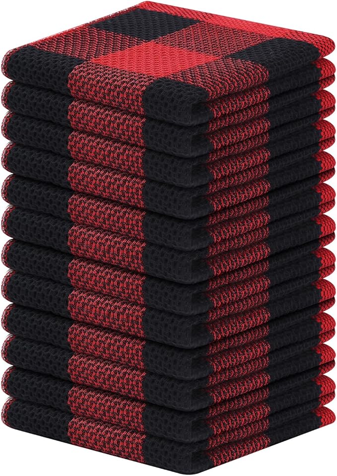 Homaxy 100% Cotton Waffle Weave Check Plaid Dish Cloths, 12 x 12 Inches