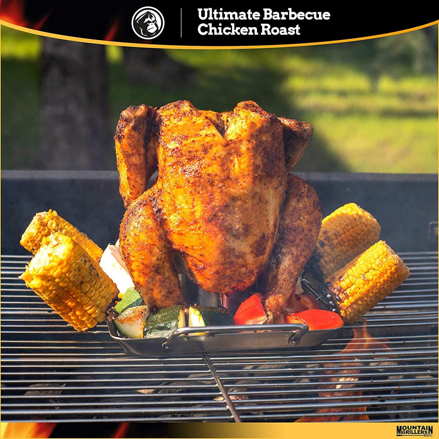 MOUNTAIN GRILLERS Beer Can Chicken Roaster Stand - Stainless Steel Holder - Barbecue Rotisserie Rack for the Grill, Oven or Smoker - Dishwasher Safe - Includes 4 Vegetable Spikes