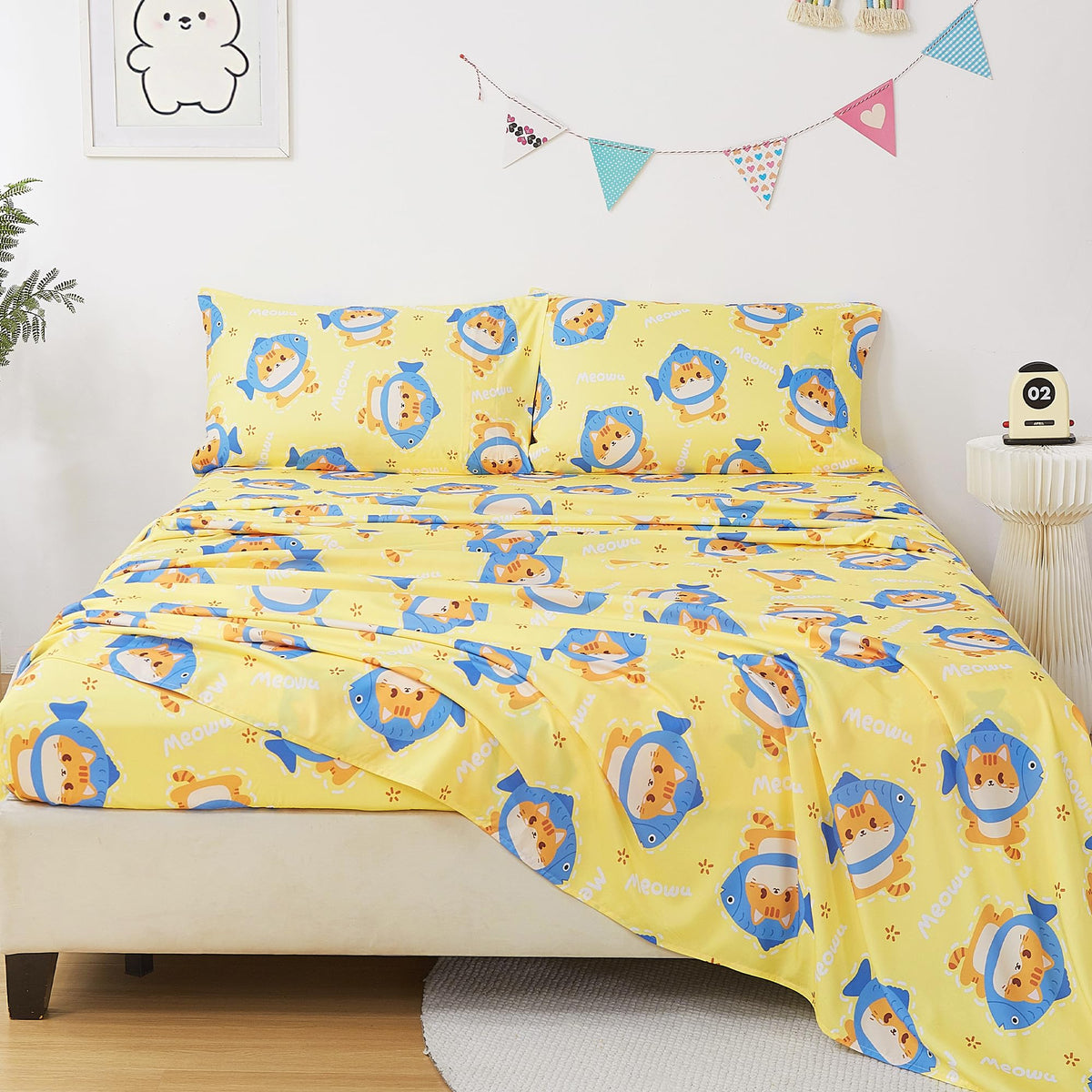 CozySmile Full Sheet Set Kids,4 Pieces Breathable Soft Microfiber Bedsheets for Child Boys Girls, Oeko-TEX, Anti Pilling Deep Pockets Easy Care Bed Sheets, Cat Fish
