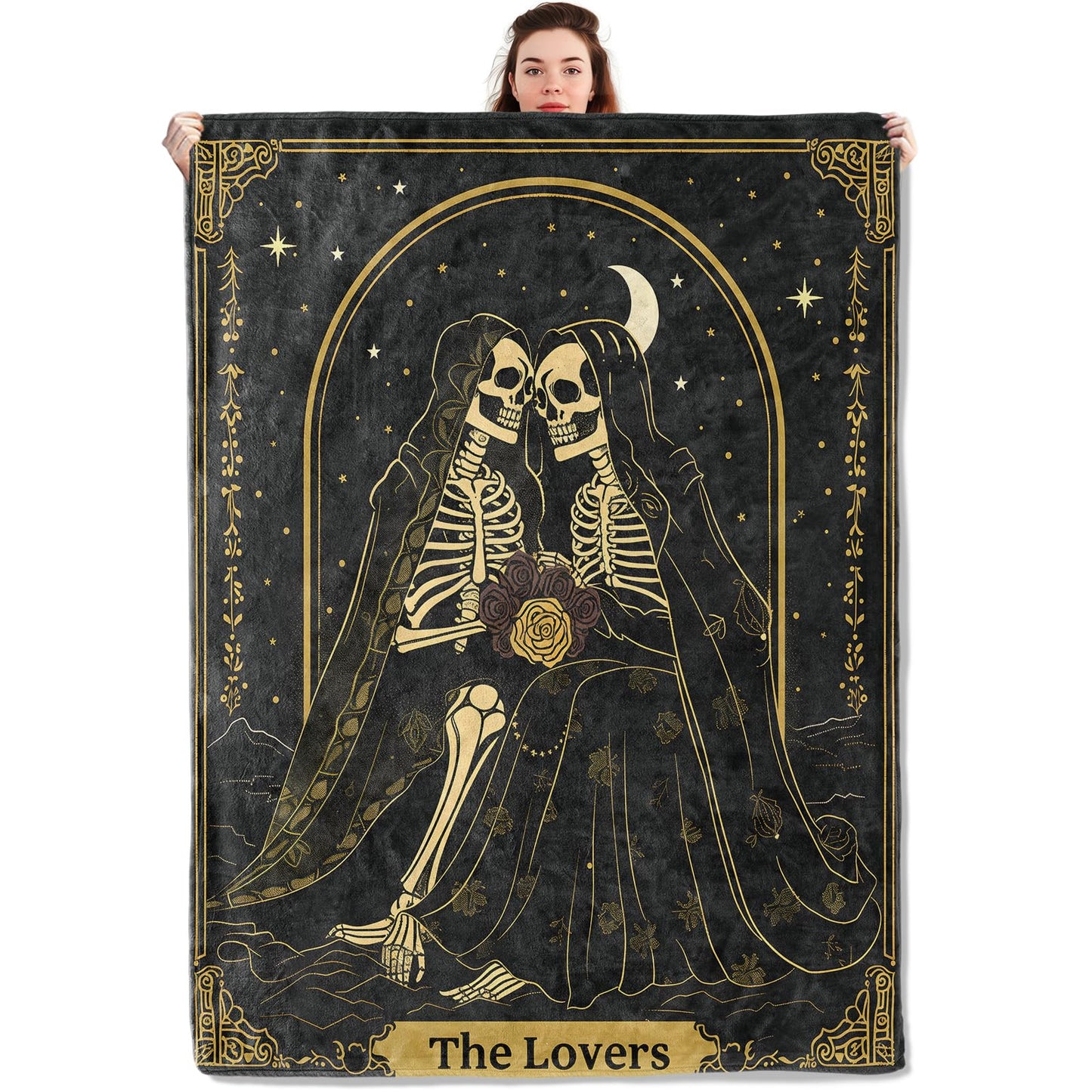 qxfqxf Gothic Skull Blanket Lightweight Blankets Gifts for Women Flannel Throw with Skeleton Couple Holding Rose Under Moonlight Printed for Sofa, Bed, Office, Goth Halloween Decor Throws 60x50 Inch