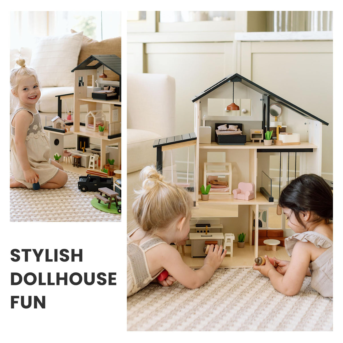 Tiny Land Modern Wooden Dollhouse & 5-Piece Poseable Wooden Doll Family People Set
