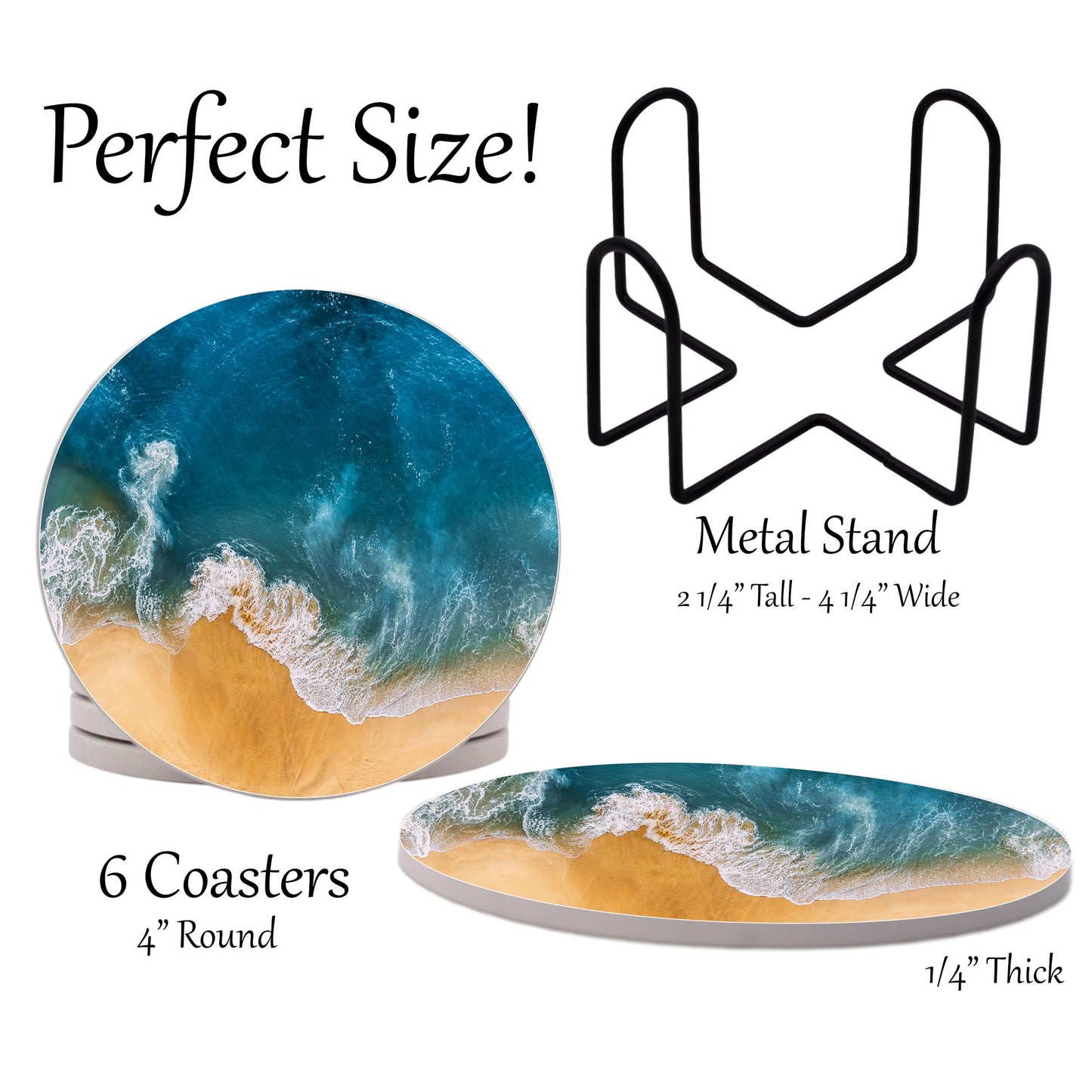 Ocean Coastal Theme Round Coasters Set of 6 - Abosrbent Ceramic Coasters with Metal Stand for Drinks, Beer, Coffee, Non-Slip Cork Back for Tabletop Protection, 4 Inches (Waves)