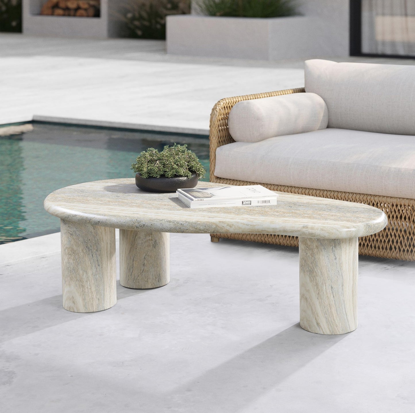 Meridian Furniture 99095Travertine-Ct Sassari Collection Art Deco Indoor/Outdoor Concrete Coffee Table in Travertine Finish, 47.5" W X 24" D X 16" H, Travertine