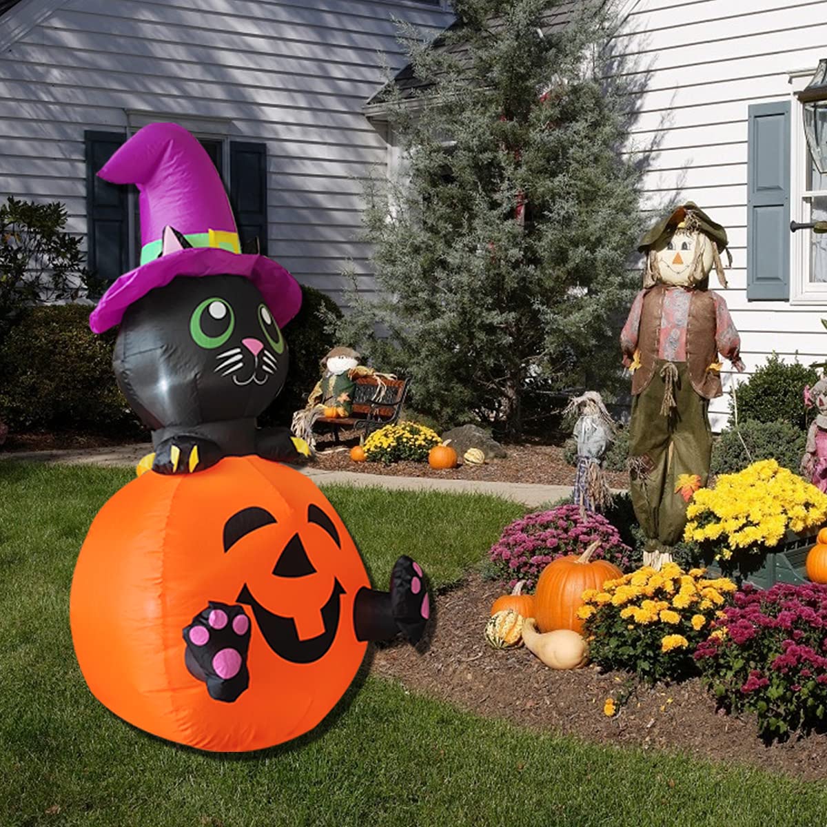 Poptrend Inflatable Halloween Decorations,4.0 FT Inflatable Black cat & Pumpkin Outdoor Halloween Blow Up Yard Decorations Internal LED Lights Holiday Decorations Home Garden
