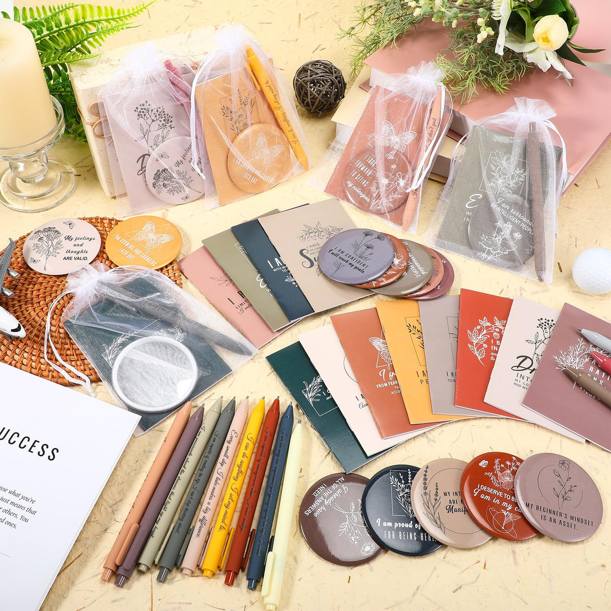 Mooliwe 72 Pcs/24 Set Positive Affirmation Gift Set for Women Gratitude Notebooks with Ballpoint Pens Mini Mirrors Small Bags Motivational Encouragement Notepad for Women Coworkers Adult Party Favor