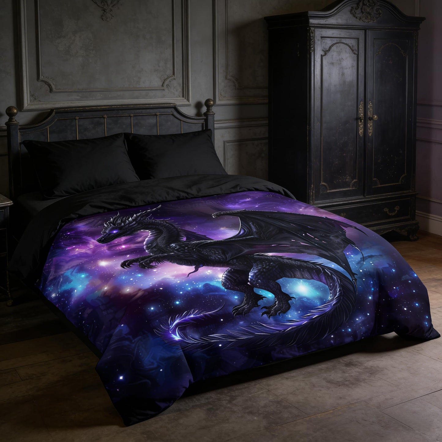 CCoutueChen Fantasy Dragon Bedding Set Purple Blue Nebula Comforter Set Queen Size Mysterious Outer Space Bedding Set for Kids Boys Girls Teens Room Decor Safari Wildlife Animals Quilt Set