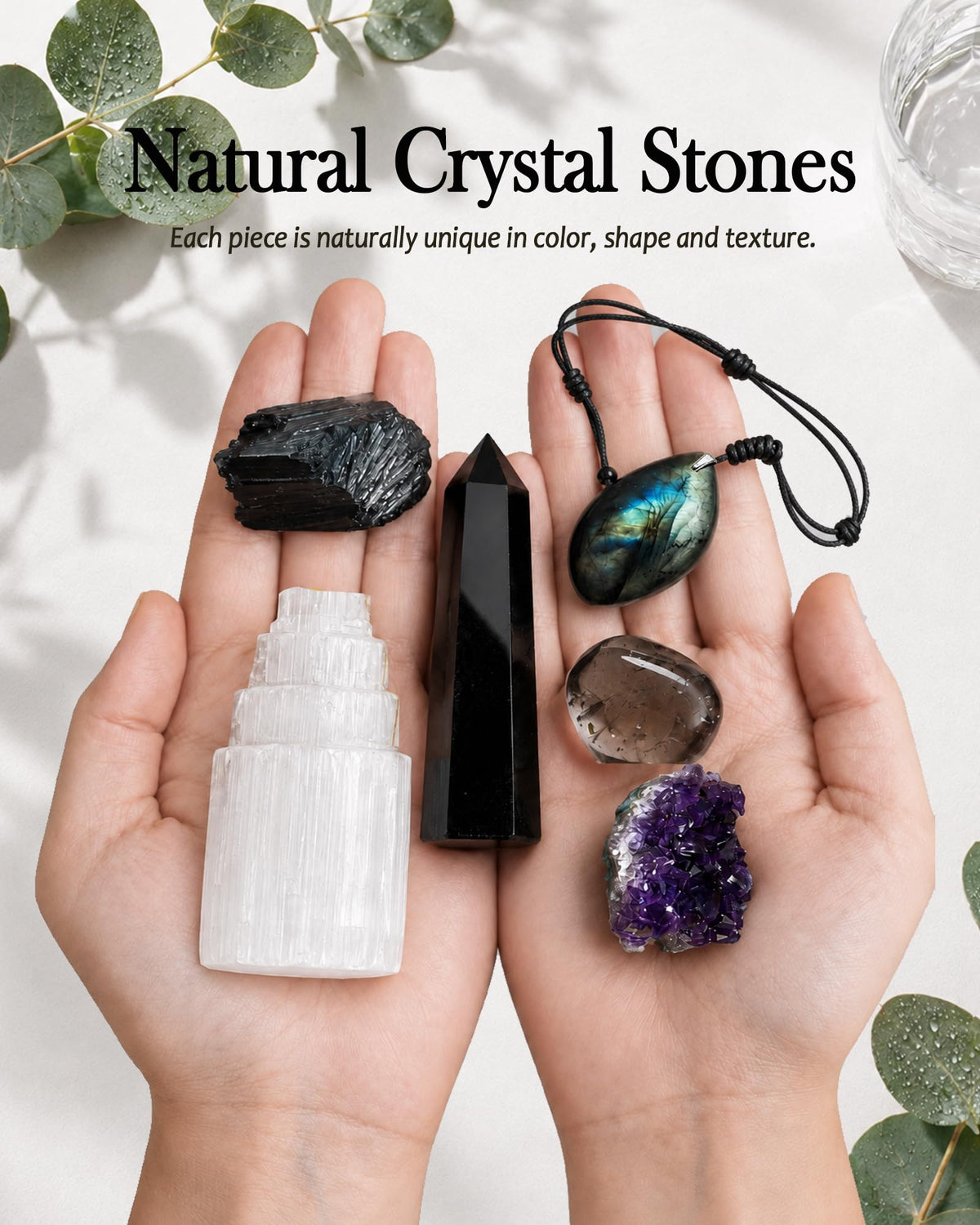 Protection Crystals and Healing Stones Gift Set — Black Tourmaline, Obsidian, Selenite, Labradorite Necklace, Smoky Quartz, Amethyst for Negative Energy & Spiritual Cleansing, Wooden Gift Box