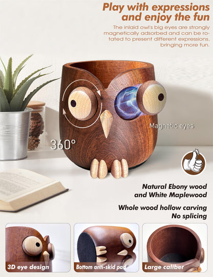 WODTILIFE Cute Owl Pen Holder for desk, funny wooden pencil holder with Magnetic Rotating Eyes emoji, Ebony solid wood hollow design, for Office accessories School Home and Holiday Gifts.(Brown)