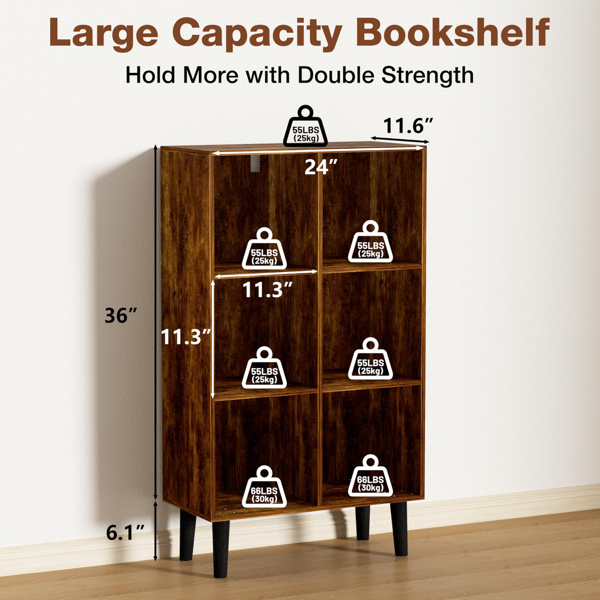 Nestwise 6 Cube Bookcase, Wooden Book Shelf Cube Storage Organizer with Legs, 3 Tier Bookshelf Freestanding Open Shelves for Bedroom, Living Room and Home Office (Brown, 6 Cube Vertical)