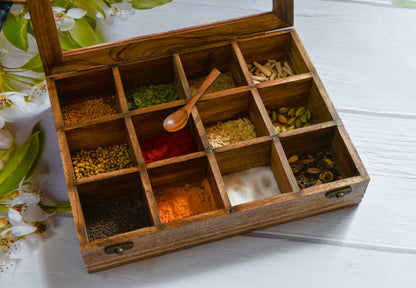 Indian Wooden Spice Box/Mango Wood Spice Boxes Housewarming Gift, Mother’s Day Gift "MADE IN INDIA"- 12 container- 12x3 inch
