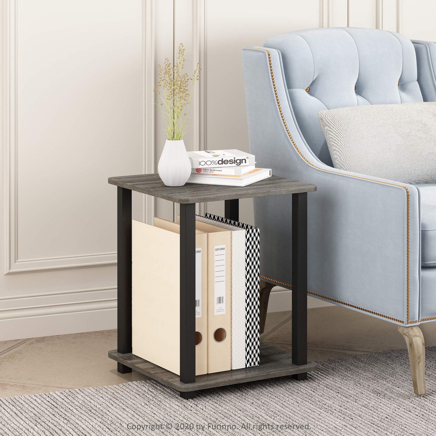 Furinno SIMPLISTIC Side Table Set of 2, 2-Tier Square Modern End Table, Nightstand, Night Stand, Bedside Table, Toolless Assembly, for Living Room, Bedroom, French Oak