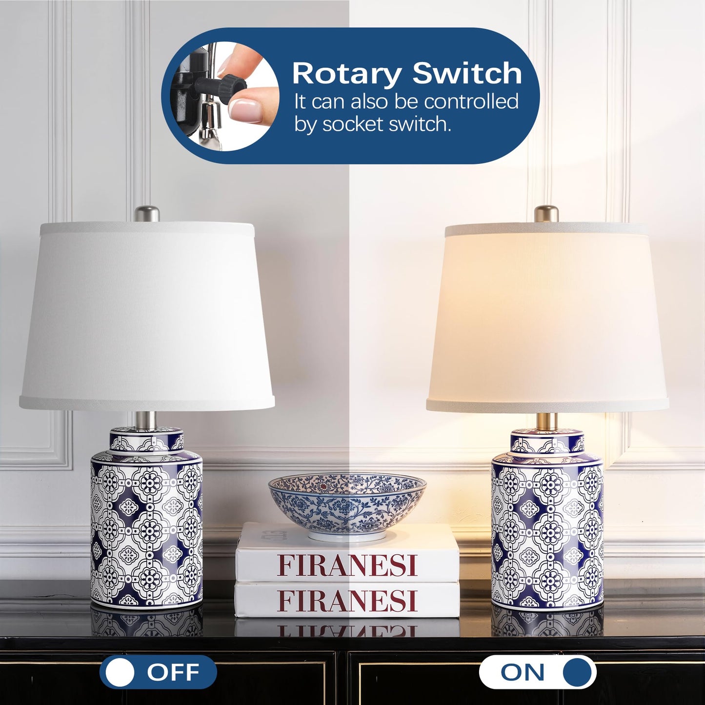 Qimh Chinoiserie Ceramic Table Lamps for Living Room, Small Bedside Lamps Set of 2 with Linen Lampshade, Modern Traditional Blue and White Lamp for Bedroom Office Nightstand Home Decor(Bulbs Included)