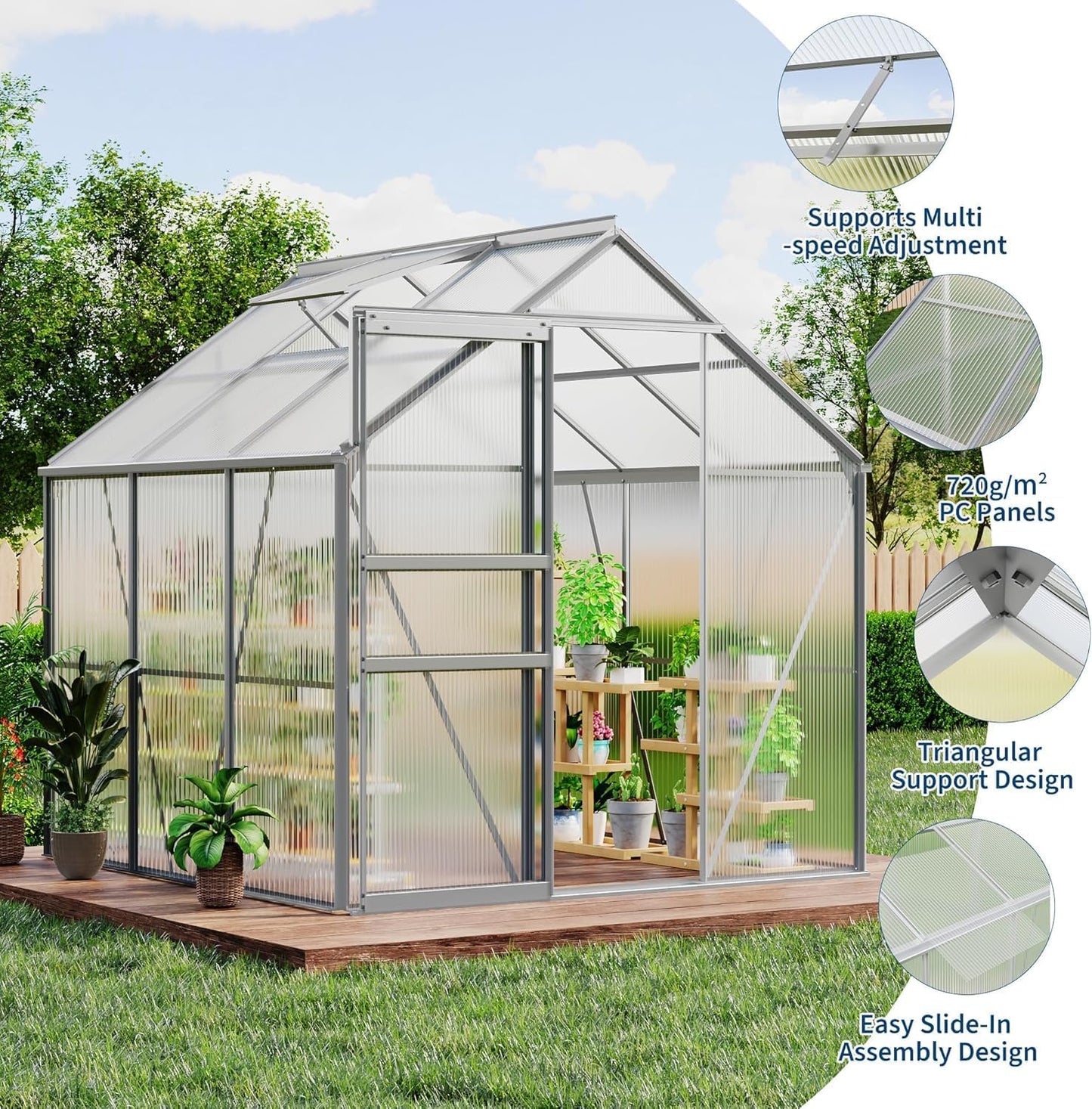 IDEALHOUSE 6x6 ft Polycarbonate Greenhouse with Adjustable Roof Vent, Walk-in Greenhouse for Outdoor Garden Backyard, Heavy Duty Aluminum Frame, 720g/M² PC Panels, Silver