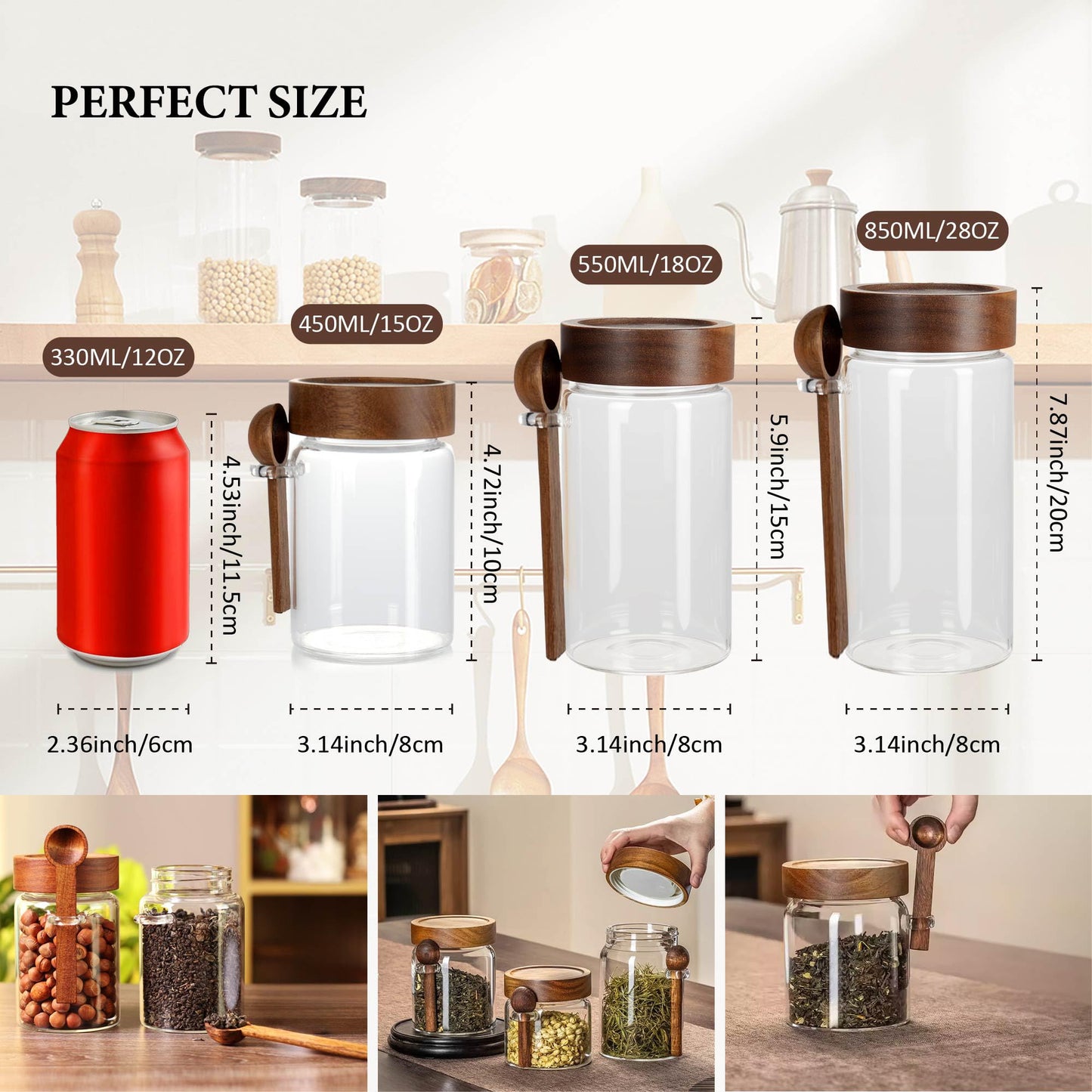 MOLADRI 18 oz/550 ml Glass Storage Canister with Airtight Wooden Lid, Clear Small Decorative Container Jar with Spoon for Salad Overnight Oats Snacks Yogurt Cereal Fruit Spice Sugar Coffee Candy Salt