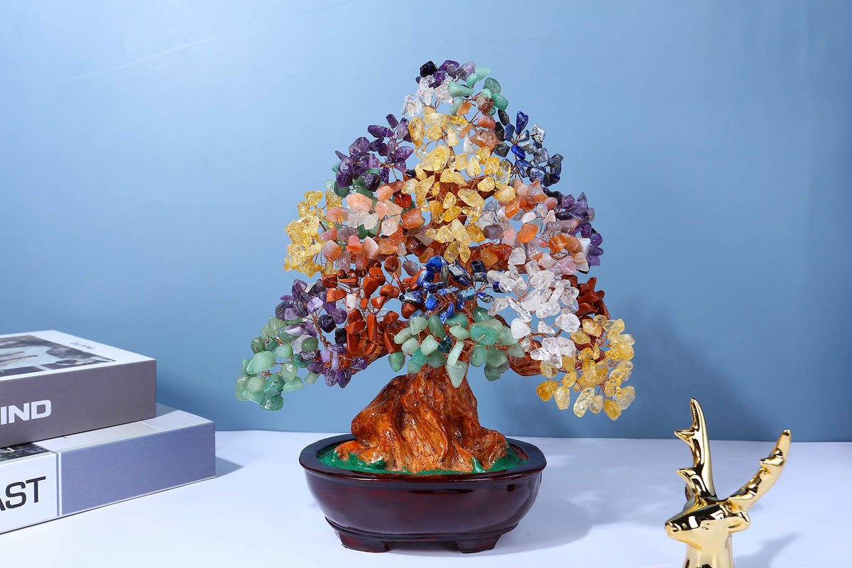 Top Plaza 7 Chakra Healing Crystal Tree 10 Inch Stone Bonsai Tree Feng Shui Good Luck Wealth Money Trees Decor Business Gift for Office Home Living Room