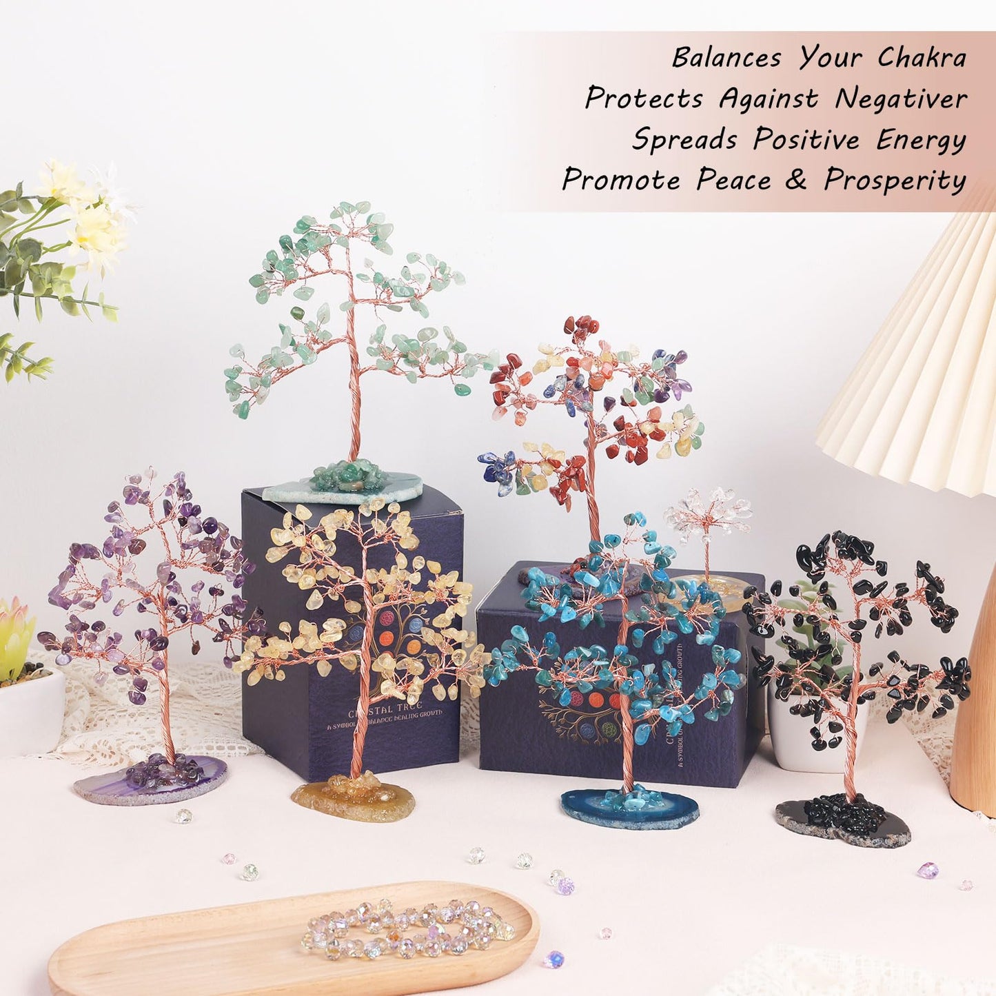 Pretty Jolly 7 Chakra Healing Stones Purple Crystals Tree of Life Positive Energy Gemstone Money Tree Spiritual Meditation Reiki Gifts with Agate Slice Base for Home,Office,Desk Feng Shui Décor