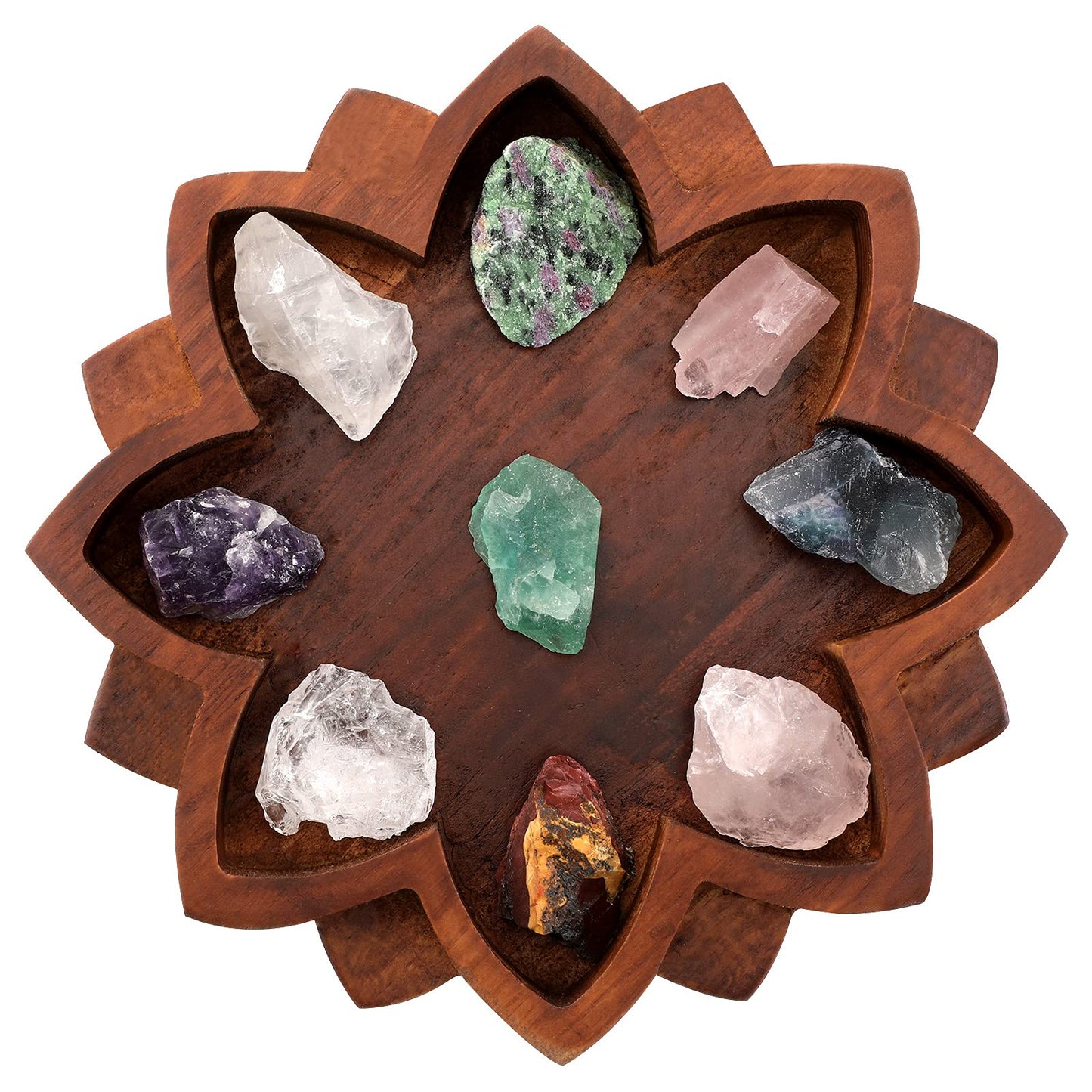 Lotus Crystal Tray for Healing Stones Wooden Crystal Holder Lotus Flower Mandala Stone Bowl Organizer Decorative for Gemstones Display Jewelry Storage Shelf Rock Decor, 7.9 x 7.9 Inch, Brown