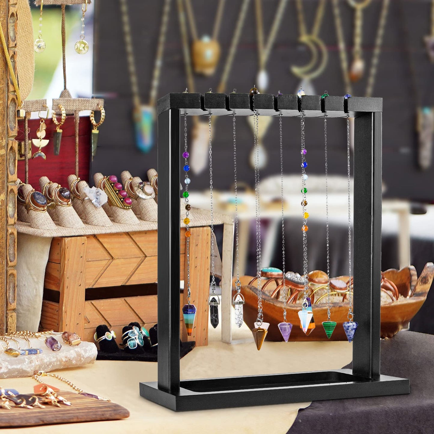 Ceiner Black Pendulum Crystal Display Holder, Wood Witch Rock Stone Stand, Moon Phase Wiccan Supplies Incense Rack Shelf with Tray for Witchcraft Gift Organizer 15 Pendulum Necklaces